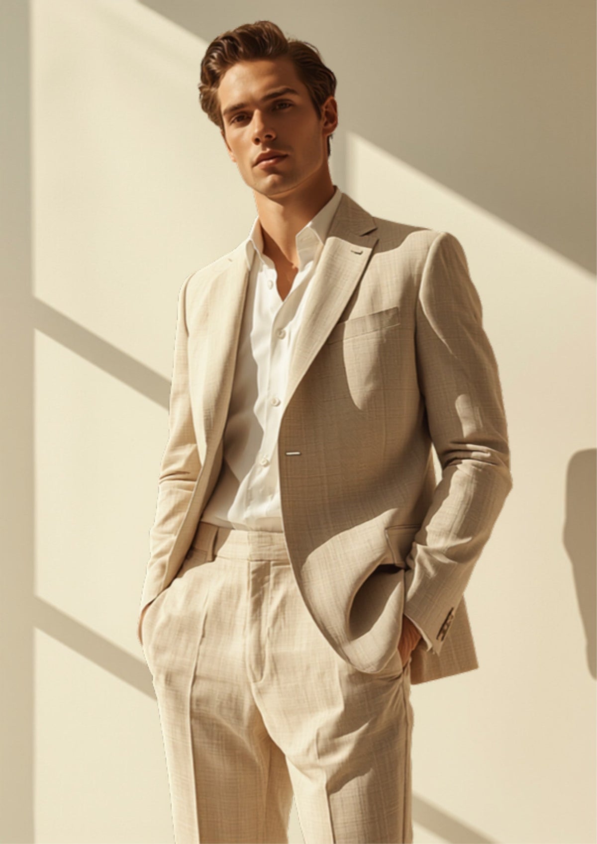 Eleganter maßgeschneiderter Sommeranzug in hellem Beige aus Leinenstoff