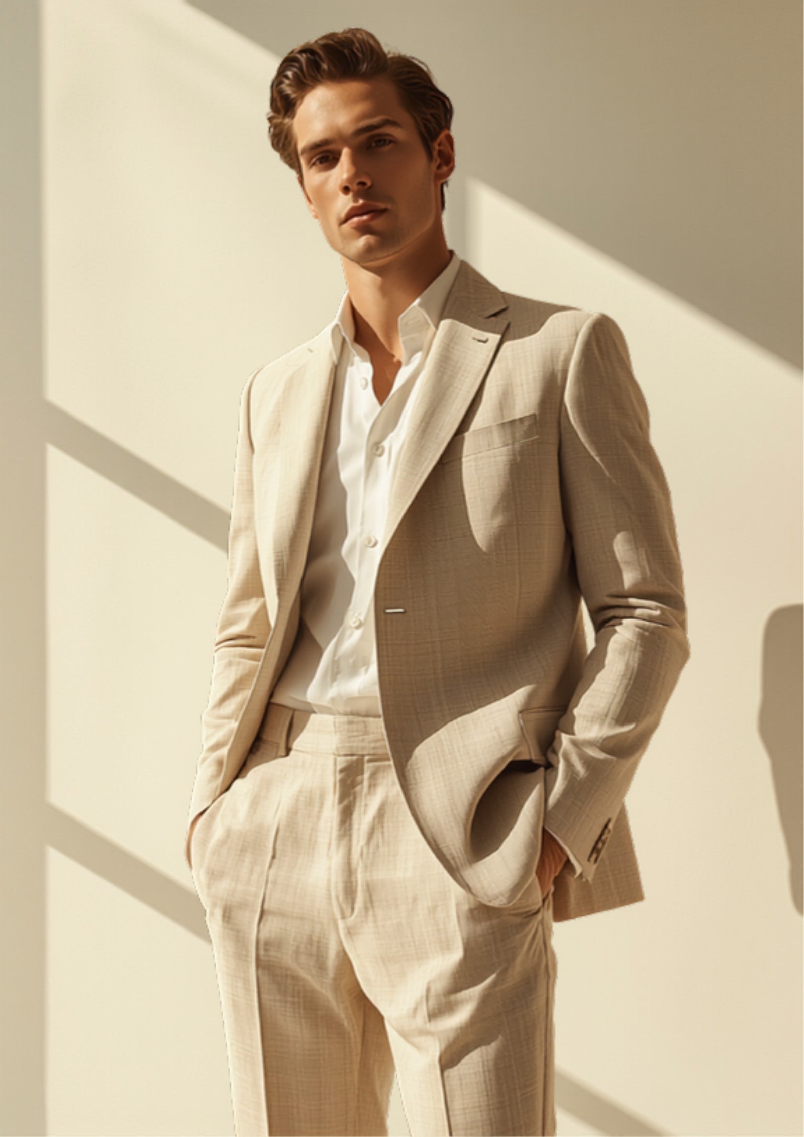 Eleganter maßgeschneiderter Sommeranzug in hellem Beige aus Leinenstoff