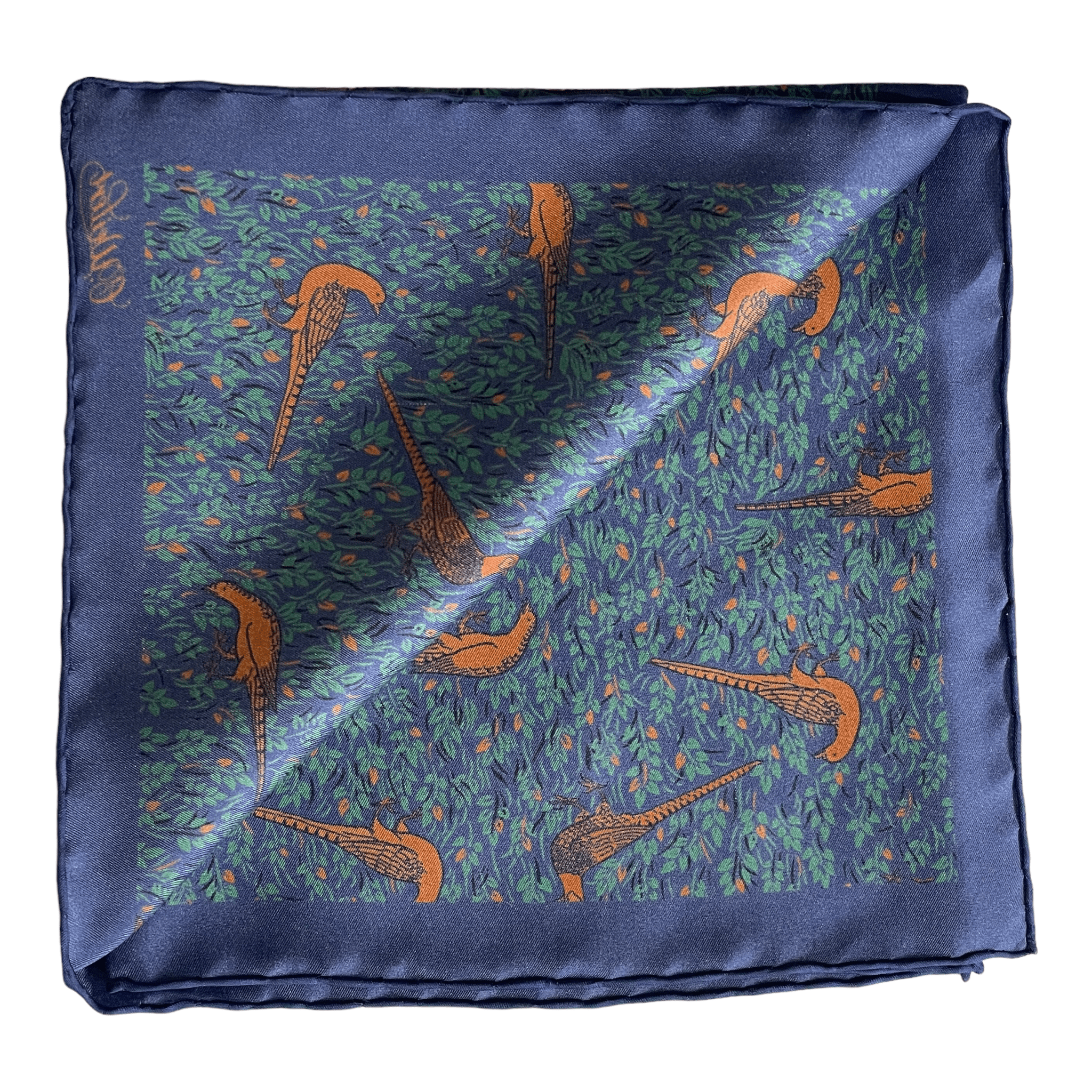 Pheasant" pocket square in blue made of pure silk - Christian Weilert