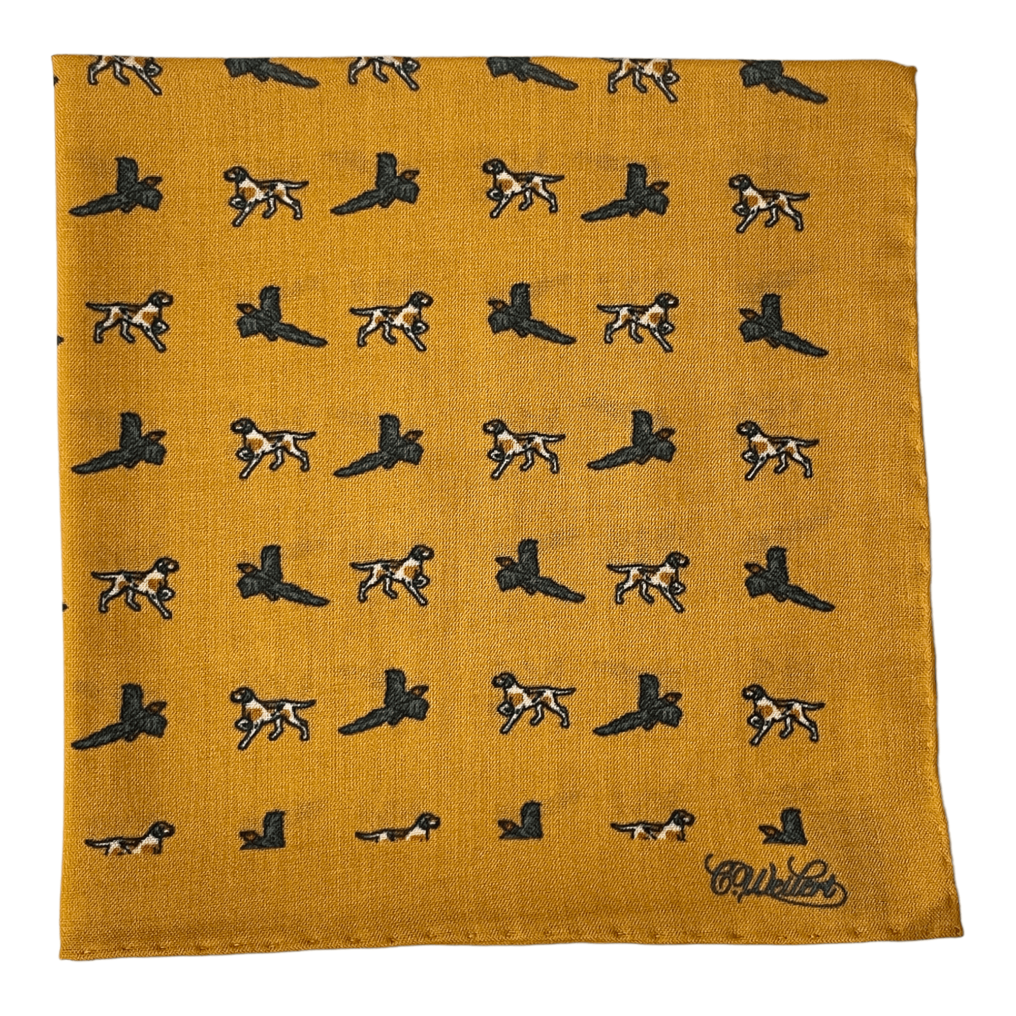 Pocket square with dog and parrot in yellow made of wool/silk - Christian Weilert