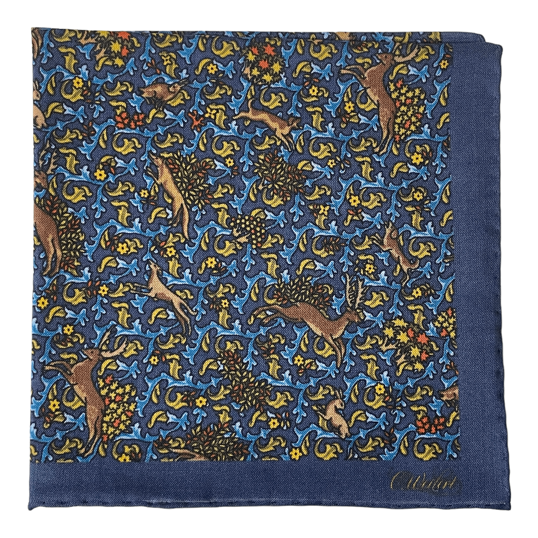 Handkerchief with forest animals in dark blue wool/silk - Christian Weilert